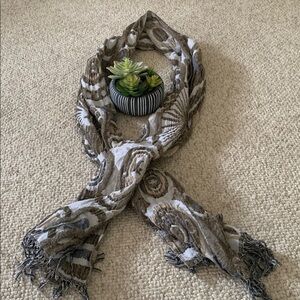 Brown and White Patterned Scarf with Fringe